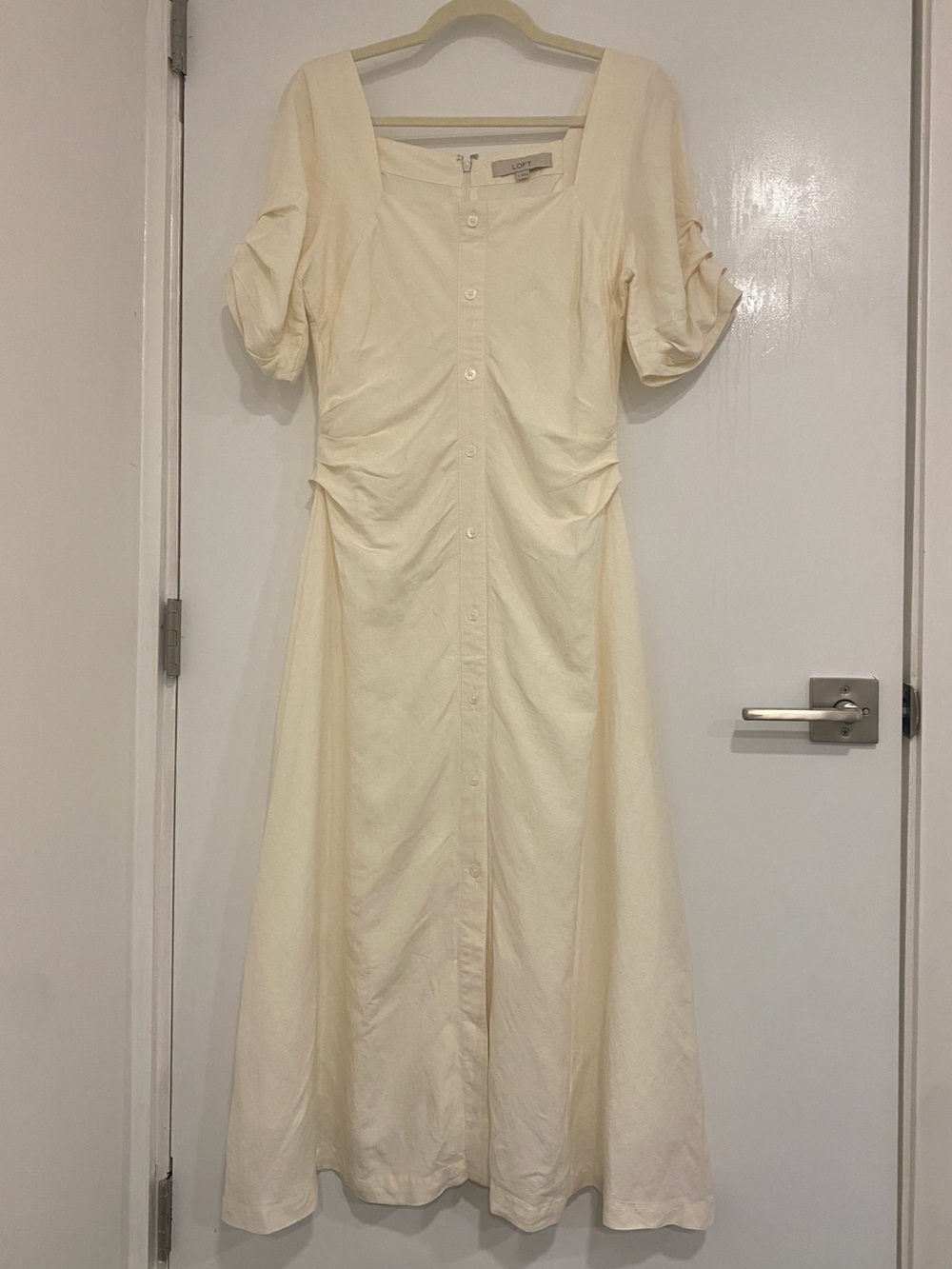 LOFT Cream Button-Front Linen-blend Dress
